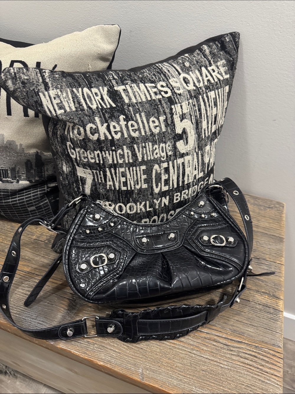 Black Croc-Embossed Studded Shoulder Bag with Adjustable Strap (as is)